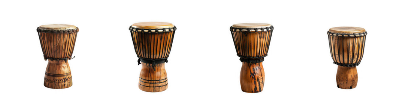 African Djembe Drums on White Background - Traditional Percussion Musical Instruments isolated on transparent background