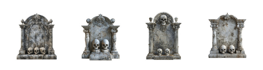 Obraz premium Antique Gothic Gravestones with Skull Details on White Background, Halloween Concept isolated on transparent background