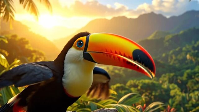 A vibrant toucan perched in a lush tropical environment, bathed in warm sunlight.