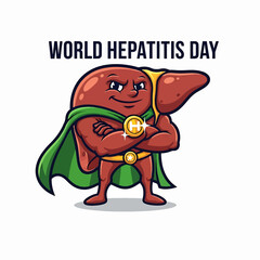 Obraz premium World Hepatitis Day mascot liver character in cape and emblem