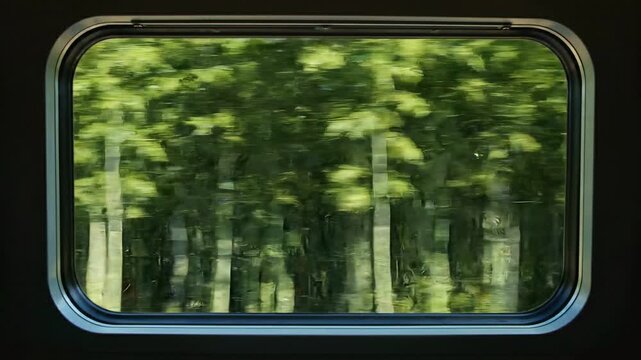 Cinematic view from a high speed train window looking out at a lush green forest with heavy motion blur during a summer travel journey.