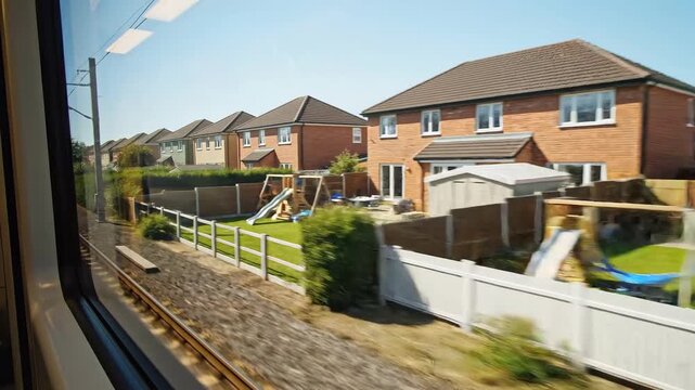 POV view from a moving train window looking out at a suburban residential neighborhood with modern houses and green gardens on a bright sunny day