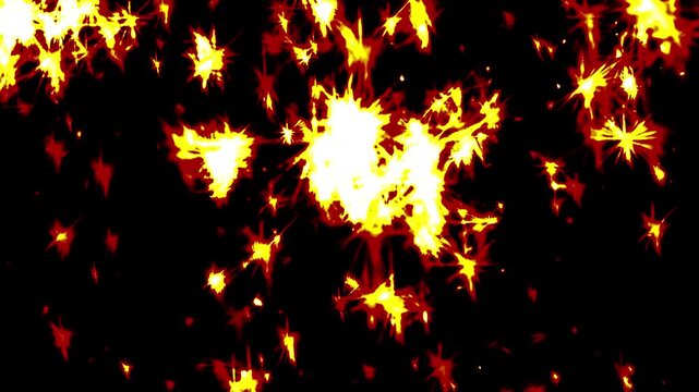 Fiery sparks explode against a deep black void. Bright orange and yellow bursts radiate outward.
