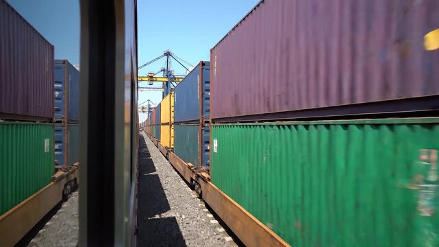 Large intermodal freight train carrying colorful stacked shipping containers through a busy industrial port terminal under a clear blue sky for global logistics and trade.