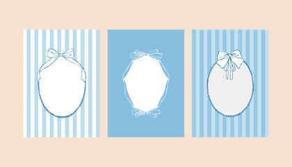 A set of whimsical blue postcard templates with hand-drawn frames. Invitations and posters feature vintage ribbons, bows, pearls, and stripes. Templates for wedding invitations, greeting cards, or © Anastasiia