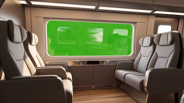 Interior of a modern high speed train cabin featuring empty luxury seats and a large window with a green screen for background replacement and professional video compositing.