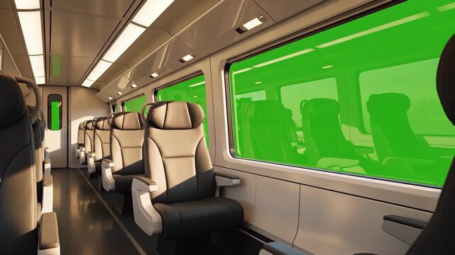 Modern interior of a high-speed train carriage with empty seats and green screen windows for chroma key replacement.