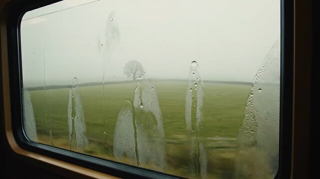 Cinematic view of a foggy rural landscape and golden fields seen through a rainy window of a moving train during a melancholic journey.