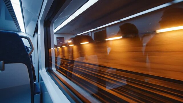 Cinematic first-person view from a passenger seat inside a high-speed modern train at night featuring dramatic motion blur and interior light reflections on the window glass.