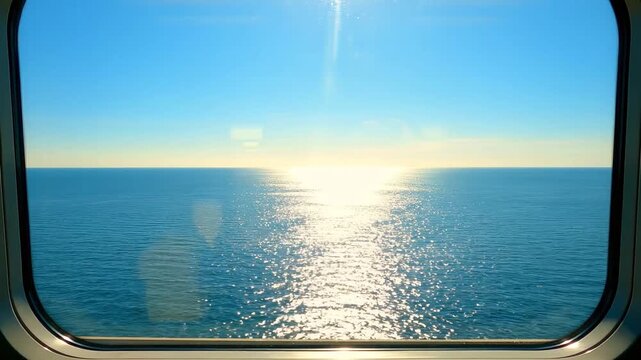Scenic view of a sparkling blue ocean reflecting bright morning sunlight as seen through a passenger train window during a peaceful coastal journey across the horizon.