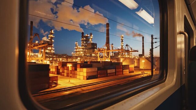 Industrial oil refinery and petrochemical plant with smoke stacks seen through a moving train window at dusk during the golden hour.