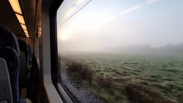 View from a passenger train window overlooking a misty countryside landscape at sunrise with golden light filtering through the fog over green fields.