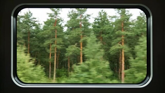 Scenic view of a lush green coniferous forest seen through a moving passenger train window during a high speed journey through the countryside.
