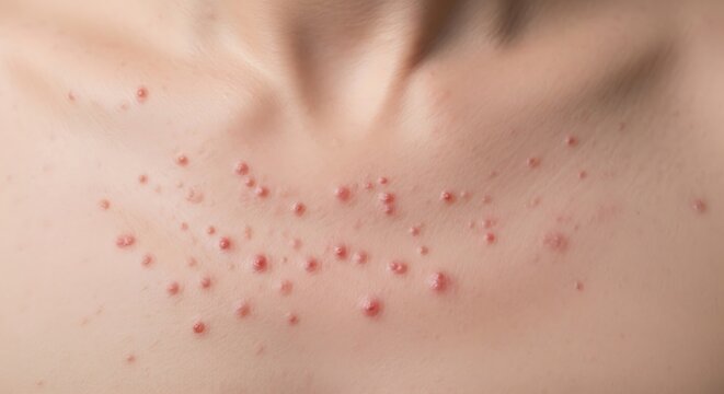 Close up view of skin showing a breakout of red acne spots on the upper chest and collarbone area