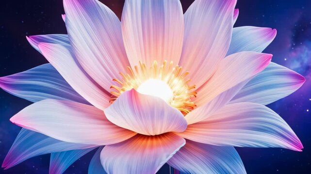 Vibrant astronaut suit morphs into a giant, blooming space flower with metallic textures transforming into soft, glowing petals and revealing a core.