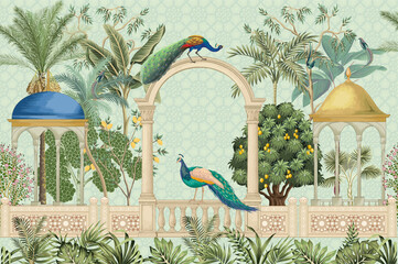 Tropical Peacock Garden Pavilion Illustration with Ornamental Botanical Landscape © Naeem