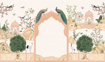 Vintage Peacock Garden Arch Illustration with Botanical Landscape and Pavilion © Naeem