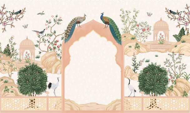 Vintage Peacock Garden Arch Illustration with Botanical Landscape and Pavilion