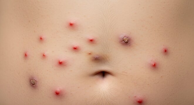 Close up view of human skin on abdomen featuring multiple red papules and pustules of chickenpox