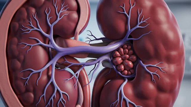 Human kidney anatomy with tumor growth, medical illustration of renal structure and blood vessels in a healthy and diseased state, used for educational or medical purposes