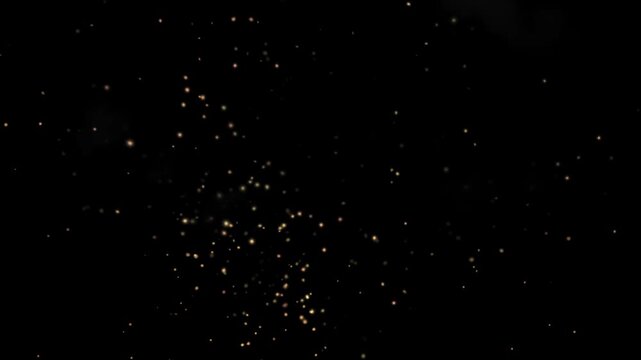 Golden sparks float in deep black space. They dance lightly, glowing warmly. Each particle pulses with soft light