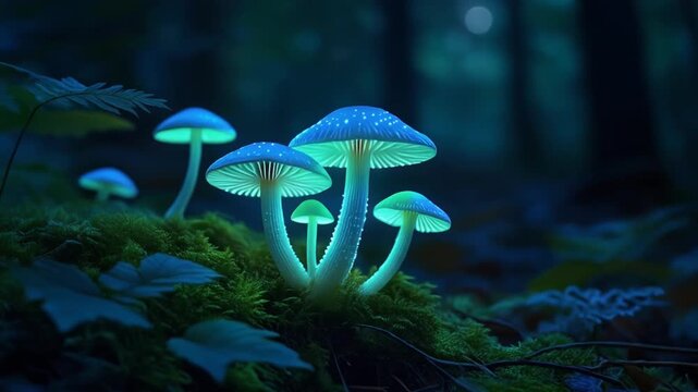Bioluminescent mushrooms glowing mysteriously in a dark, enchanted forest at night, creating an ethereal and magical atmosphere
