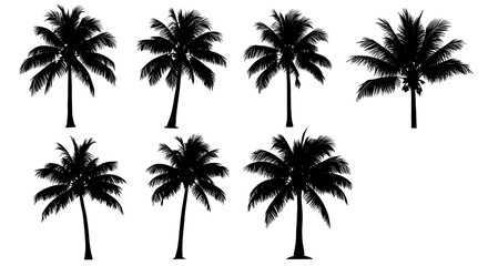 Collection of seven black silhouette palm trees on white background