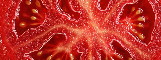 Close-up of a tomato slice, juicy flesh. Banner, panoramic
