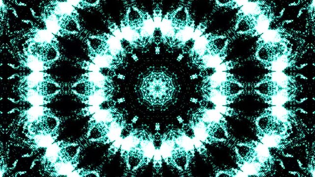 Vibrant teal patterns pulse against deep black background. Circular symmetry expands from center outward