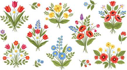 Obraz premium Colorful Wildflower Bouquet Collection Vector Set with Tulips Poppies Daisies Botanical Floral Arrangements Spring Garden Flowers Illustration