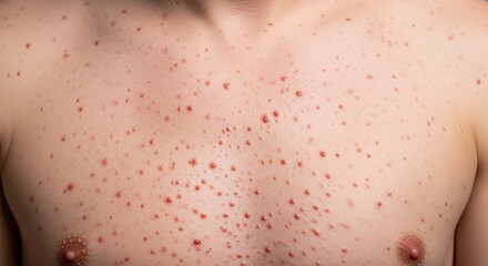 Fototapeta premium A close up view of a human chest showing a widespread skin rash with many small red bumps or lesions