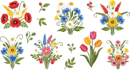 Obraz premium Colorful Wildflower Bouquet Vector Set with Tulips Poppies Daisies Cornflowers Botanical Floral Arrangements Spring Garden Flowers Illustration