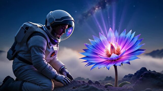 Astronaut kneeling on misty alien terrain, visor reflecting nebula, observing glowing otherworldly flower unfurling petals with ethereal light piercing