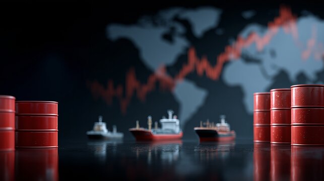 global oil price crisis concept, oil barrels, world map background, cargo ships, rising stock market chart symbolizing increasing oil prices, global economy and energy crisis theme, professional news