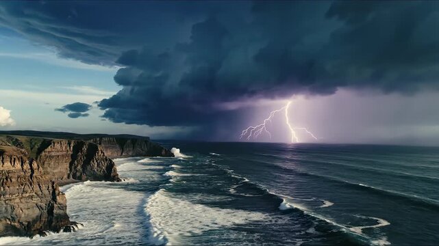 Dramatic Coastal Scene with Storm Clouds and Lightning Strike.