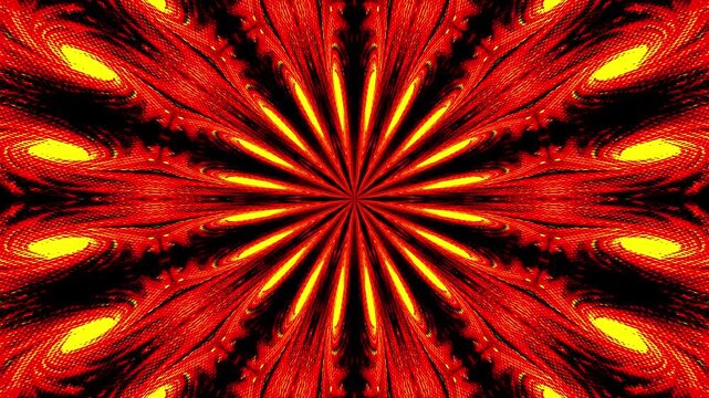 Vibrant red and yellow streaks explode outward from a central point. Symmetrical patterns radiate like firework bursts in a dark void