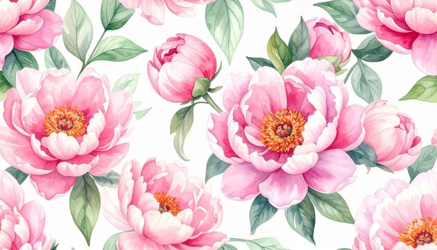 Sanftes, nahtloses Aquarellmuster mit gro&szlig;en rosa Blumen und zarten gr&uuml;nen Bl&auml;ttern
