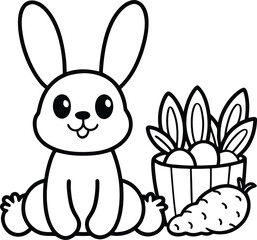 Obraz premium Cute cartoon rabbit with basket of eggs and strawberry