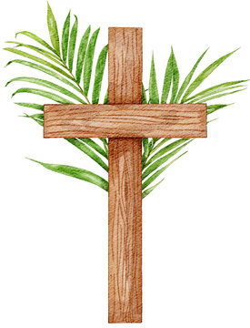 Wooden cross with green palm frond behind. Symbol of Catholic Palm Sunday on holy week. Watercolor illustration of wooden cross with green palm leaves behind as a symbol of Palm Sunday in catholic.