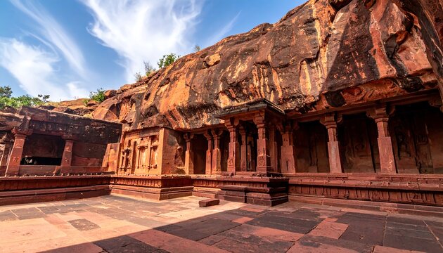 Carved reddish stone cave temple facade under blue sky with white clouds