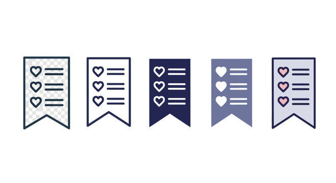 Set of five different styled bookmark icons with heart symbols and lines, representing a list or checklist with favorite items