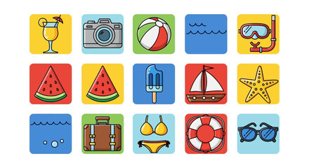 Collection of colorful summer vacation icons representing beach activities and travel essentials © HUANG