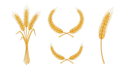 Naklejka premium Golden wheat vector illustrations featuring individual ears, a tied sheaf, and decorative laurel wreaths. Perfect for harvest, agriculture, food, and organic concepts