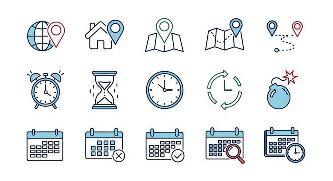 Vector outline icons for managing time, tracking location, and scheduling events. Useful for business planning, task organization, appointments, and deadline reminders