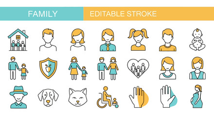 Obraz na płótnie Canvas Family icons representing diverse relationships, home, protection, and love. Includes adults, children, pets, and support