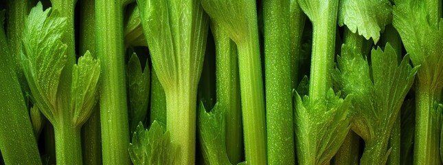 Obraz premium Close up fresh celery stalks. Panoramic banner 