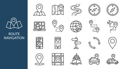 Versatile collection of linear vector icons representing route navigation, location tracking, and travel planning on maps and digital platforms © HUANG