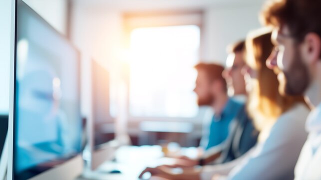 Drive innovation through teamwork: a blurred row of diverse developers working on computers in a bright, modern office, perfect for tech recruitment, software development, and corporate teamwork.