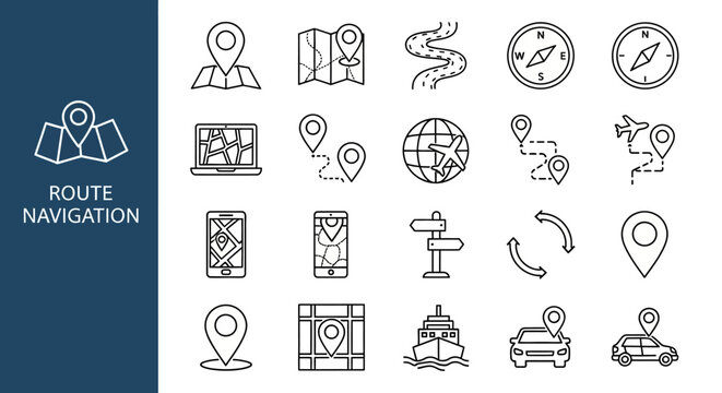 Versatile collection of linear vector icons representing route navigation, location tracking, and travel planning on maps and digital platforms