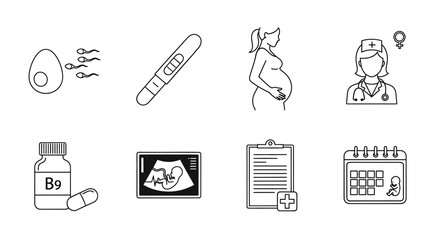 Fototapeta premium Essential Line Art Icons for Pregnancy and Women's Health Journey Fertility, Conception, Prenatal Care, Maternity, and Medical Support Stages Visuals